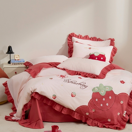 绒梦里 A类全棉水洗棉韩版贴布绣草莓四件套-小莓好系列 红色小莓好