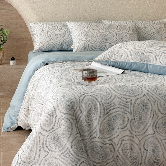 91家纺网 家纺一手货源 找家纺 慕晨 2025新款全棉双层纱四件套莱赛尔夏被莱赛尔夏被四件套天丝夏凉被直播 叶之岭