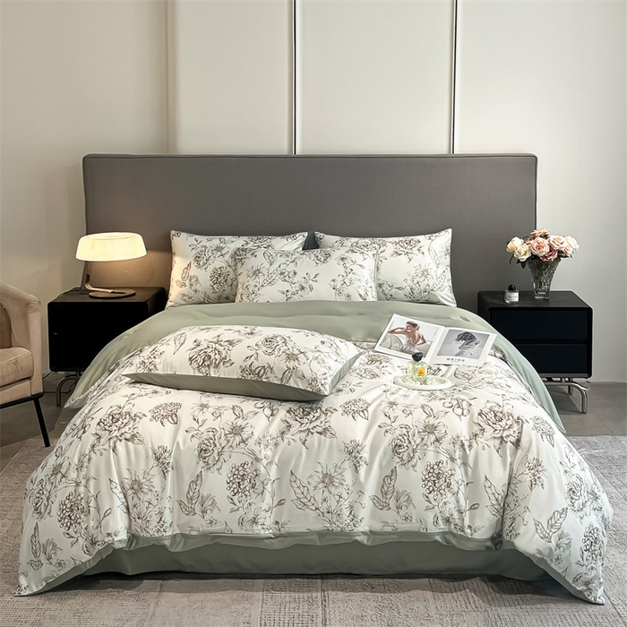 91家纺网 家纺一手货源 找家纺 笙意家纺2025新款水洗冰丝数码印花暗盒款四件套 清颜