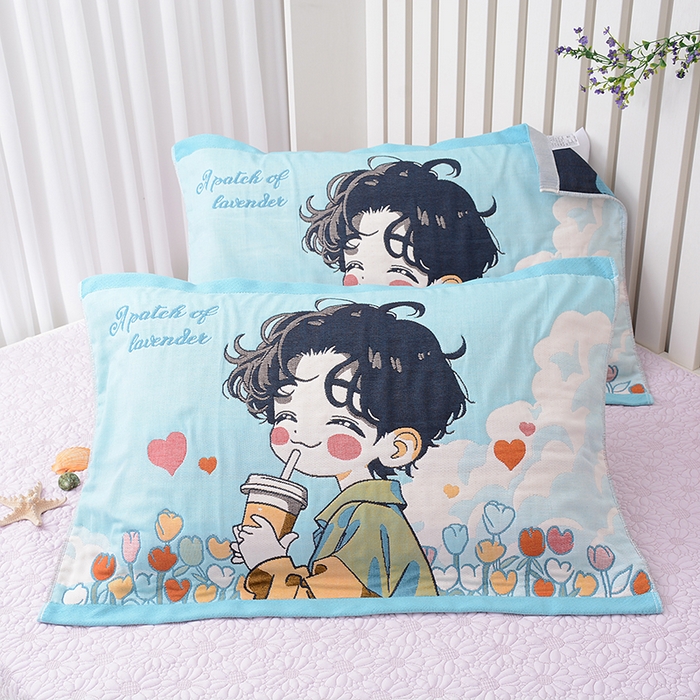 91家纺网 家纺一手货源 找家纺 2025新款全棉八层纱枕巾情侣枕巾 奶茶男孩