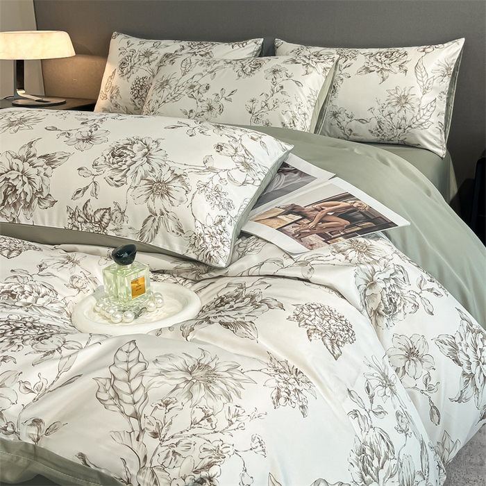 91家纺网 家纺一手货源 找家纺 笙意家纺2025新款水洗冰丝数码印花暗盒款四件套 清颜