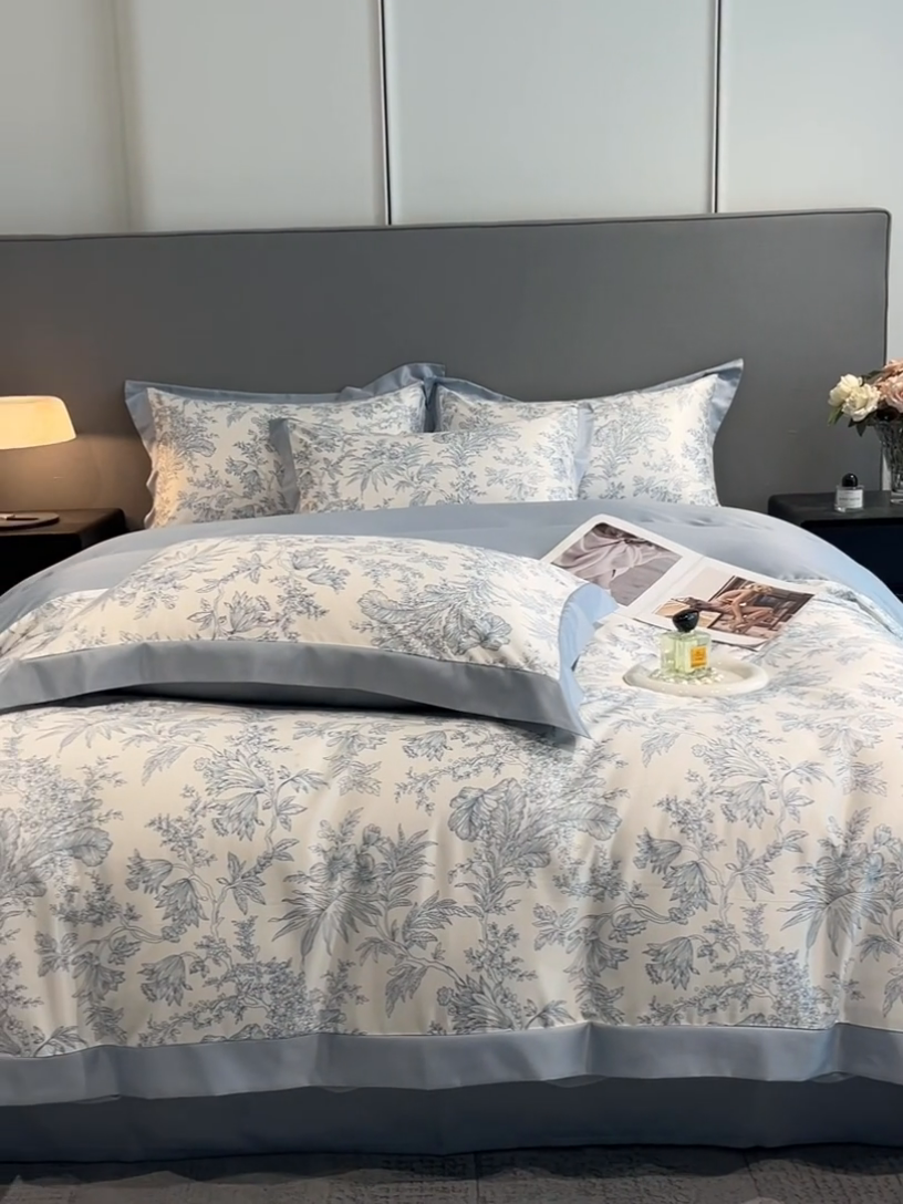 91家纺网 家纺一手货源 找家纺 笙意家纺 2025新款水洗冰丝数码印花宽边四件套 仙草