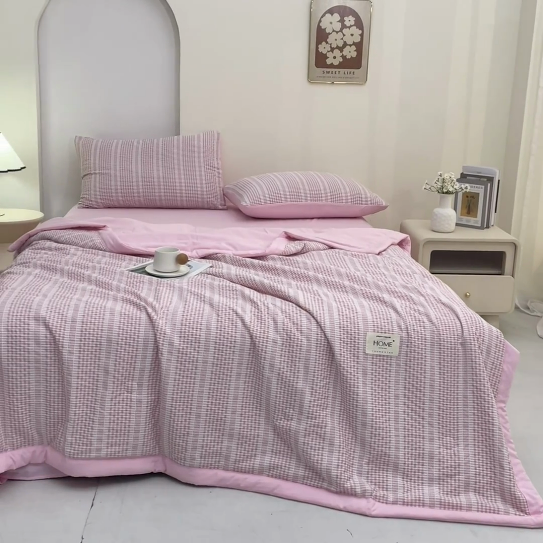 91家纺网 家纺一手货源 找家纺 吾诺 2025 韩式立体提花公主格大豆夏被子被芯夏凉被夏被四件套 公主格-粉