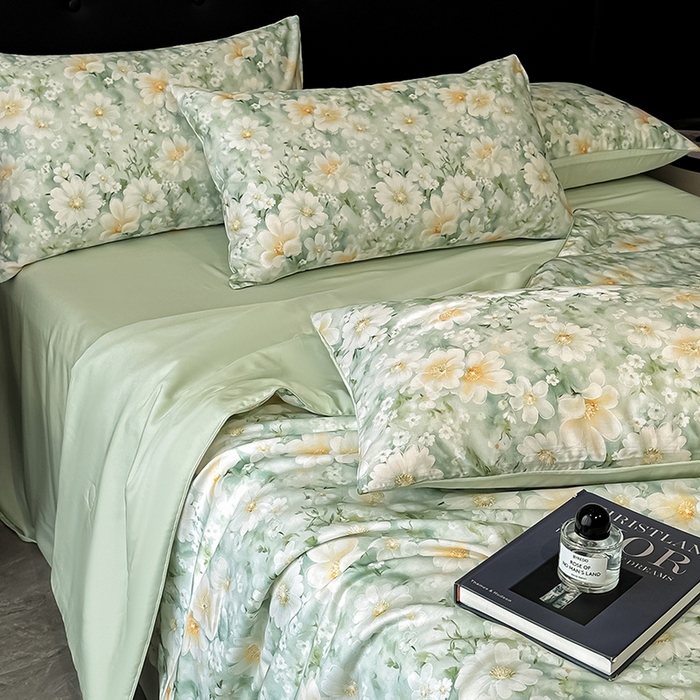 91家纺网 家纺一手货源 找家纺 慕晨 2025春夏新品莱赛尔天丝数码印花四件套莱赛尔夏被四件套天丝夏凉被直播热款 芳馨-绿