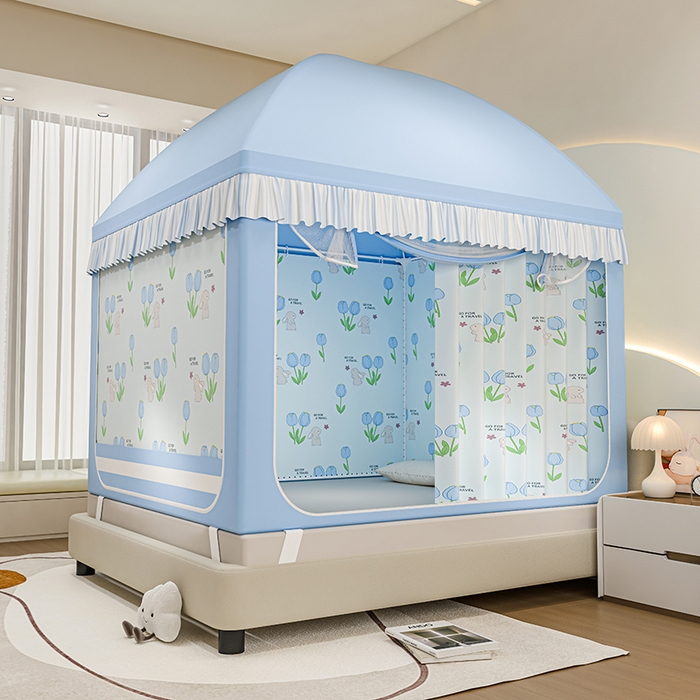 91家纺网 家纺一手货源 找家纺 冉美家纺 2025新款屋顶式遮光防尘防摔蚊帐 旅行兔-优雅蓝