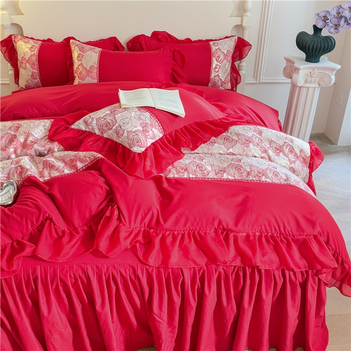 91家纺网 家纺一手货源 找家纺 富盛 2025新款水洗亲肤棉浮雕提花公主风四件套 月光恋人-大红