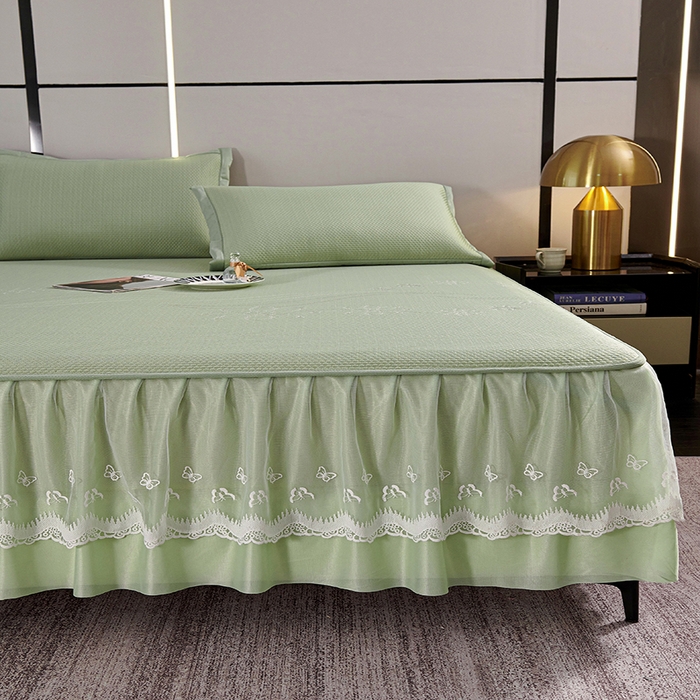 91家纺网 家纺一手货源 找家纺 青雅席业 2025新款7A抗菌母婴级纯乙纶PE刺绣凉感丝豆豆席 床裙款 浪花-水绿