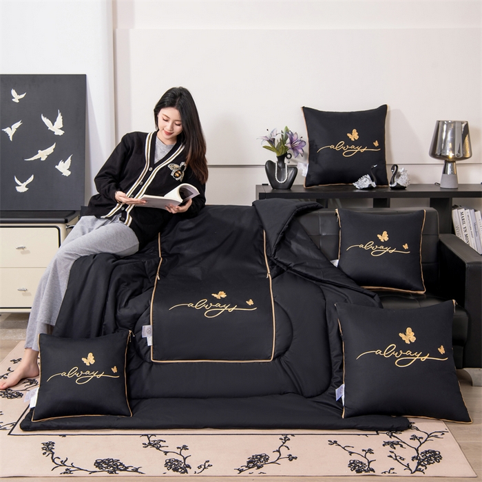 91家纺网 家纺一手货源 找家纺 照世家纺 2025新款柔软透气全棉抱枕被-蝶影 蝶影-黑色