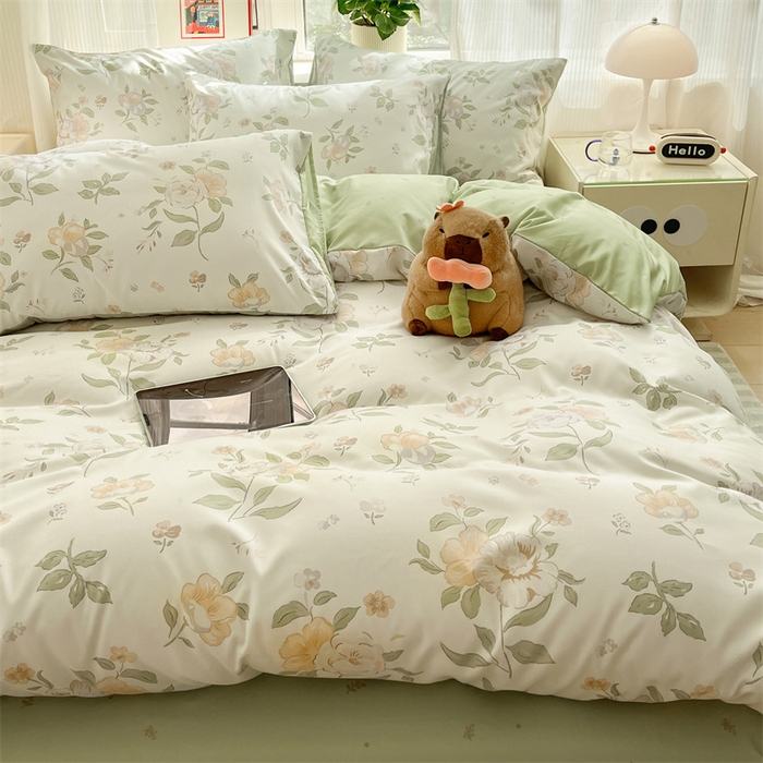 91家纺网 家纺一手货源 找家纺 盛秋家纺 2025新款水洗棉印花四件套-卡通系列 铃兰+绿叶