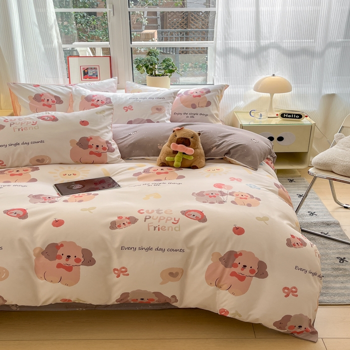 91家纺网 家纺一手货源 找家纺 盛秋家纺 2025新款水洗棉印花四件套-卡通系列 情侣猫+猫爪