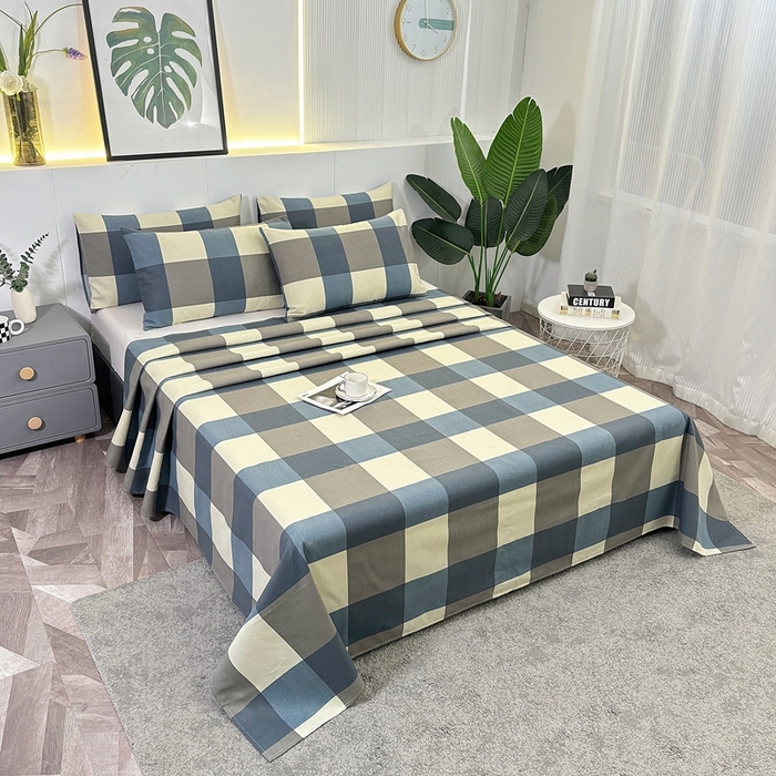 91家纺网 家纺一手货源 找家纺 伊而梦蚊帐 2025新款原棉老粗布床单 蓝灰格