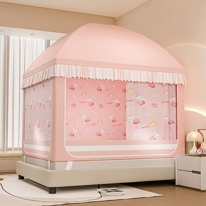 91家纺网 家纺一手货源 找家纺 冉美家纺 2025新款屋顶式遮光防尘防摔蚊帐 蜜桃兔-樱花粉