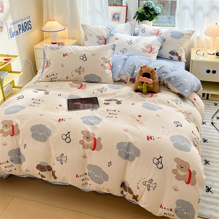 91家纺网 家纺一手货源 找家纺 盛秋家纺 2025新款水洗棉印花四件套-卡通系列 开心乐园+蓝爱心