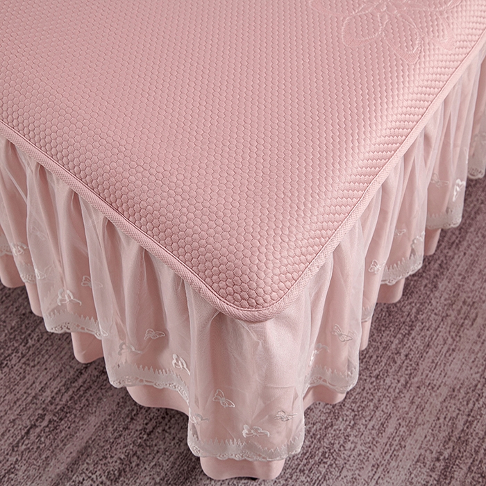 91家纺网 家纺一手货源 找家纺 青雅席业 2025新款7A抗菌母婴级纯乙纶PE刺绣凉感丝豆豆席 床裙款 浪花-粉