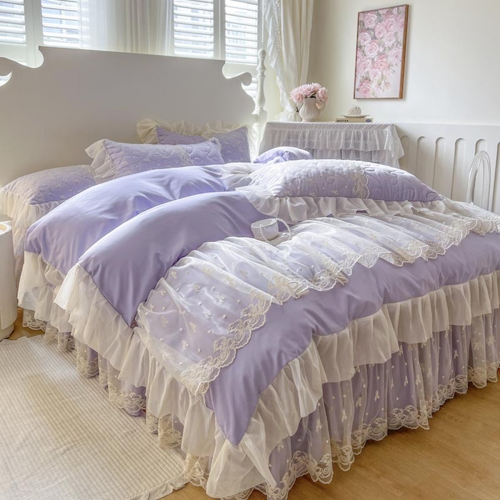 91家纺网 家纺一手货源 找家纺 恋尚 2025新款韩式蕾丝丝光棉夹棉床裙四件套 蜜芙-香芋紫