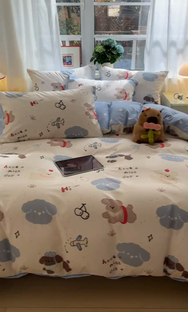 91家纺网 家纺一手货源 找家纺 盛秋家纺 2025新款卡通单被套 开心乐园+蓝爱心