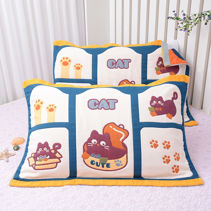 91家纺网 家纺一手货源 找家纺 2025新款全棉八层纱枕巾情侣枕巾 皮皮猫