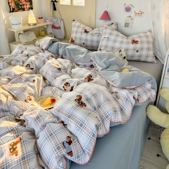 91家纺网 家纺一手货源 找家纺 潮邦创意家居 2025新款云柔棉立体嵌绳款小清新四件套 蓝格萌趣