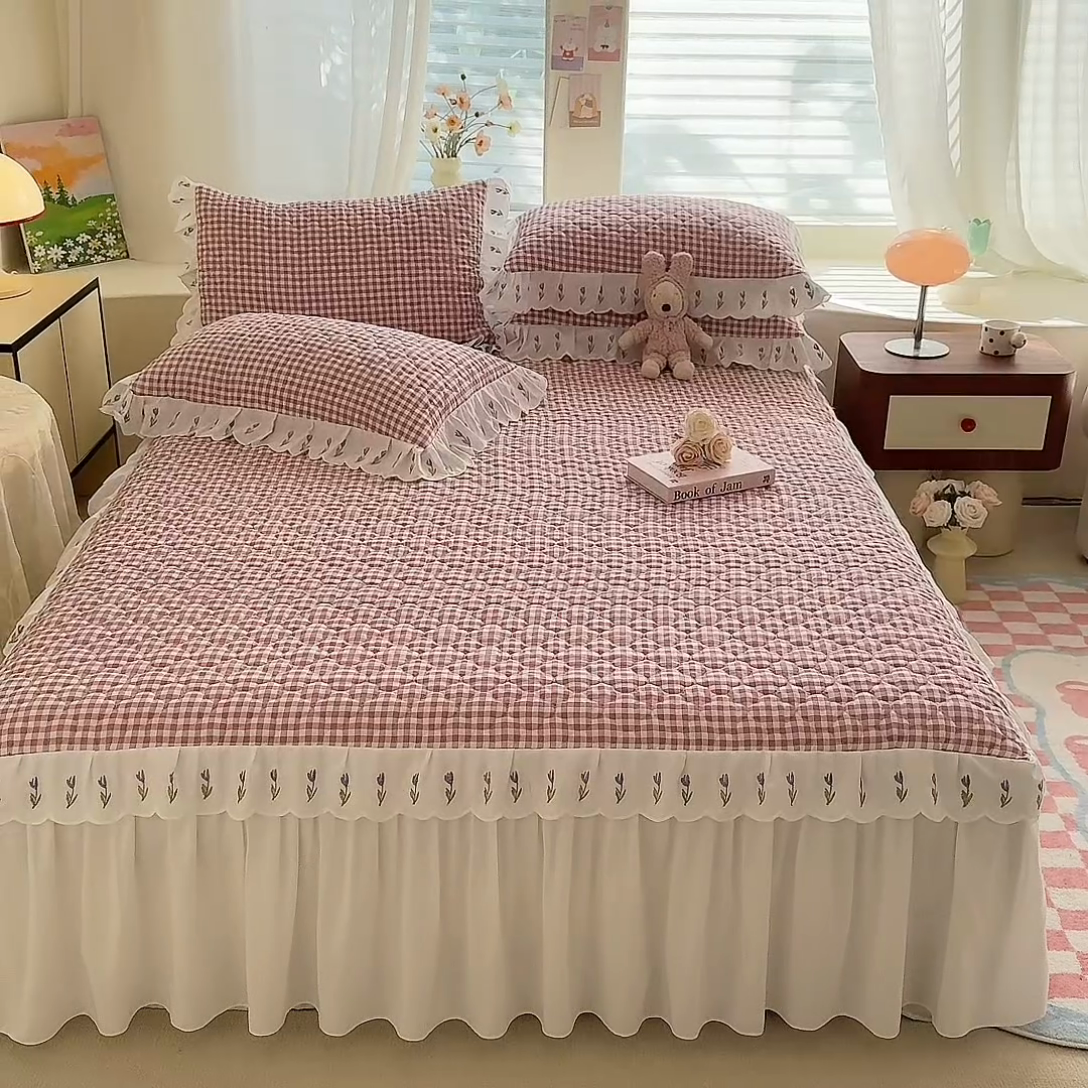 91家纺网 家纺一手货源 找家纺 （总）金盛皇朝家纺 2025新款格子空间水洗棉床裙