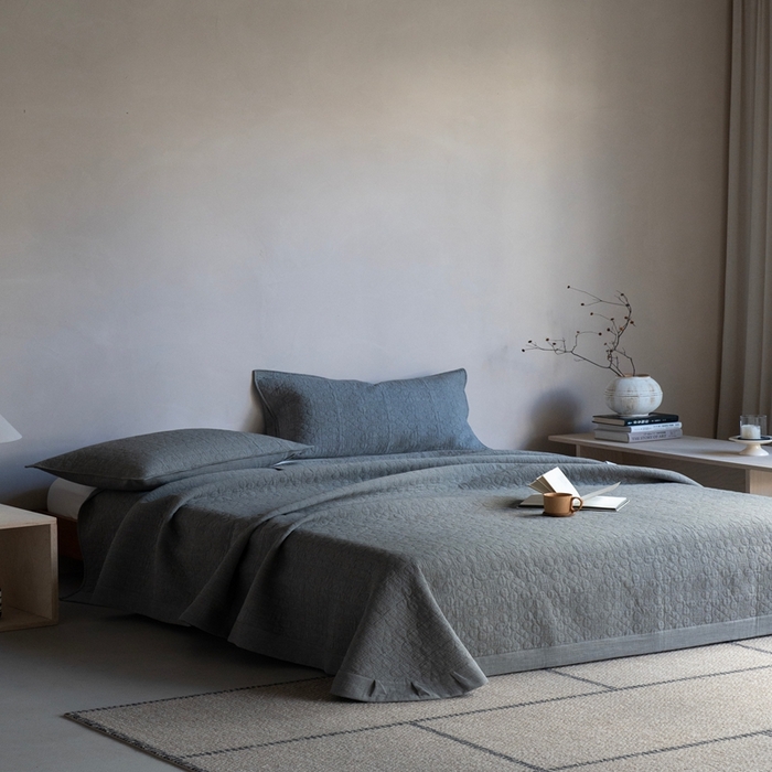 91家纺网 家纺一手货源 找家纺 璞素2025新款全棉色织三层纱床盖三件套-落雪 落雪灰