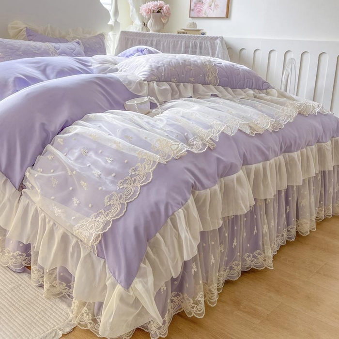 91家纺网 家纺一手货源 找家纺 恋尚 2025新款韩式蕾丝丝光棉夹棉床裙四件套 蜜芙-香芋紫