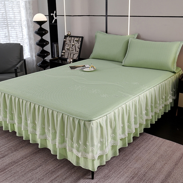 91家纺网 家纺一手货源 找家纺 青雅席业 2025新款7A抗菌母婴级纯乙纶PE刺绣凉感丝豆豆席 床裙款 浪花-水绿