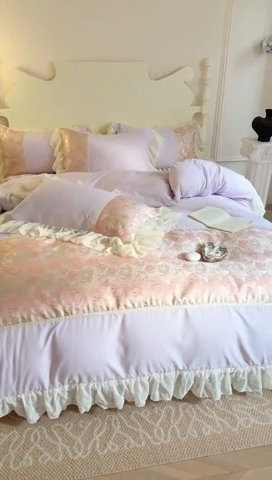 91家纺网 家纺一手货源 找家纺 富盛 2025新款水洗亲肤棉浮雕提花公主风四件套 月光恋人-紫