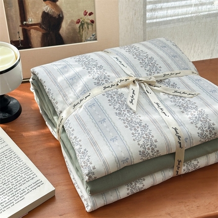 亿梵家居 2025新款A类母婴级有氧全棉纯棉双层纱纯棉印花四件套-叠拍图 卓言-灰