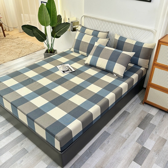 91家纺网 家纺一手货源 找家纺 伊而梦蚊帐 2025新款原棉老粗布床笠 蓝灰格