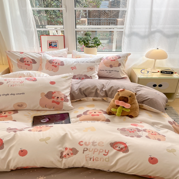 91家纺网 家纺一手货源 找家纺 盛秋家纺 2025新款水洗棉印花四件套-卡通系列 情侣猫+猫爪