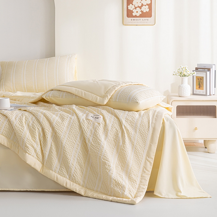 91家纺网 家纺一手货源 找家纺 吾诺 2025 韩式立体提花公主格大豆夏被子被芯夏凉被夏被四件套 公主格-黄