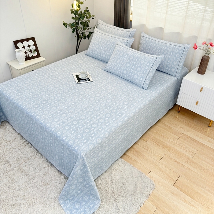 91家纺网 家纺一手货源 找家纺 伊而梦蚊帐 2025新款A类老粗布抗菌床单 花条纹-蓝