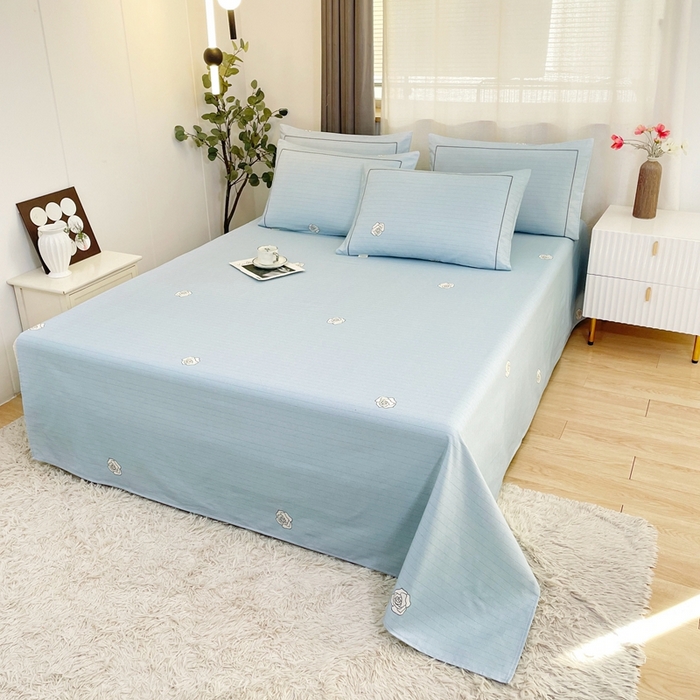 91家纺网 家纺一手货源 找家纺 伊而梦蚊帐 2025新款A类老粗布抗菌床单 玫瑰线-蓝