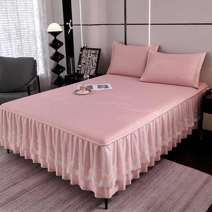 91家纺网 家纺一手货源 找家纺 青雅席业 2025新款7A抗菌母婴级纯乙纶PE刺绣凉感丝豆豆席 床裙款 浪花-粉