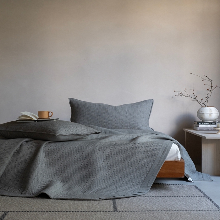 91家纺网 家纺一手货源 找家纺 （总）璞素2025新款全棉色织三层纱床盖三件套-摩卡