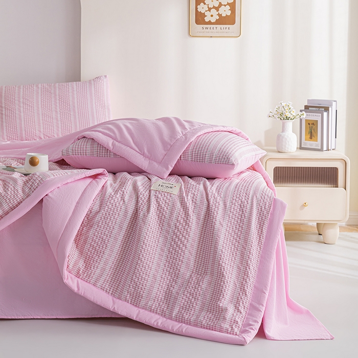 91家纺网 家纺一手货源 找家纺 吾诺 2025 韩式立体提花公主格大豆夏被子被芯夏凉被夏被四件套 公主格-粉