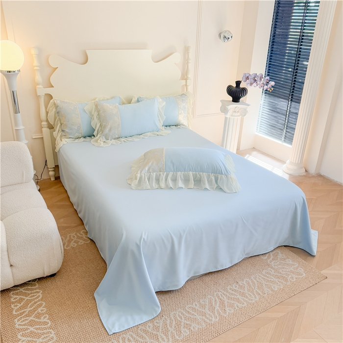 91家纺网 家纺一手货源 找家纺 富盛 2025新款水洗亲肤棉浮雕提花公主风四件套 月光恋人-蓝