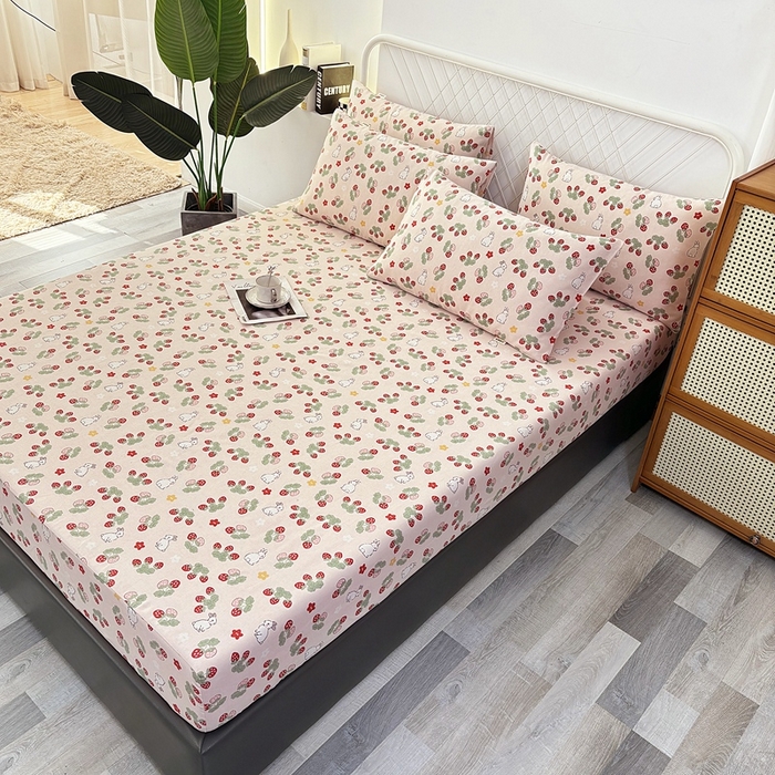 91家纺网 家纺一手货源 找家纺 伊而梦蚊帐 2025新款原棉老粗布床笠 草莓兔