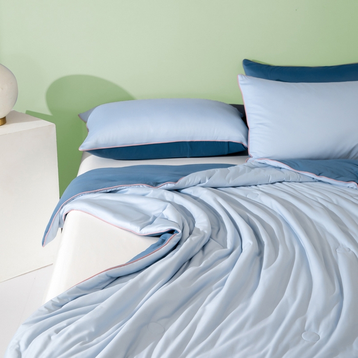 91家纺网 家纺一手货源 找家纺 吾诺 2025 针织棉夏被双拼色大豆夏被子被芯夏凉被空调被 浅兰-宝蓝