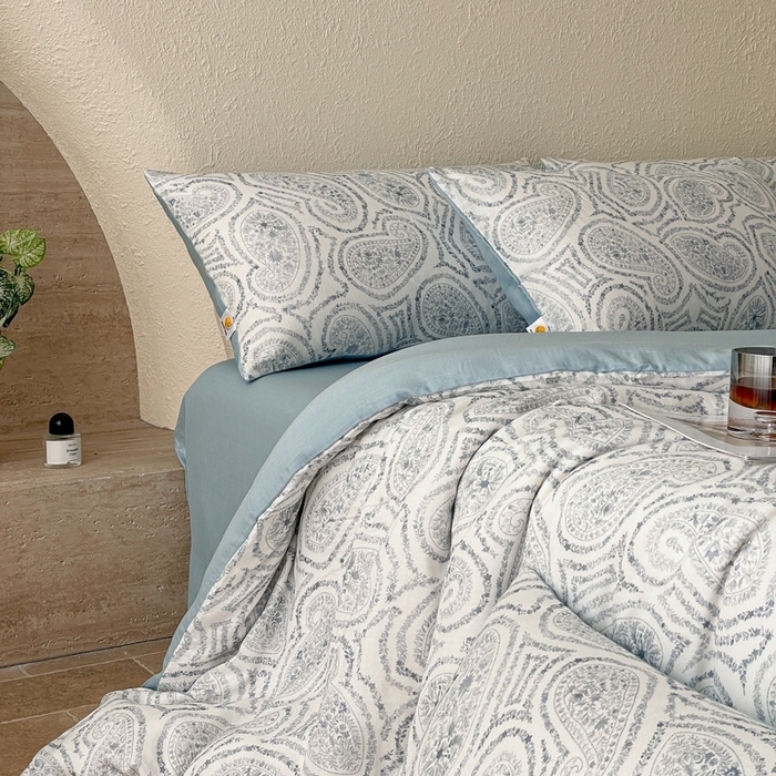 91家纺网 家纺一手货源 找家纺 慕晨 2025新款全棉双层纱四件套莱赛尔夏被莱赛尔夏被四件套天丝夏凉被直播 叶之岭