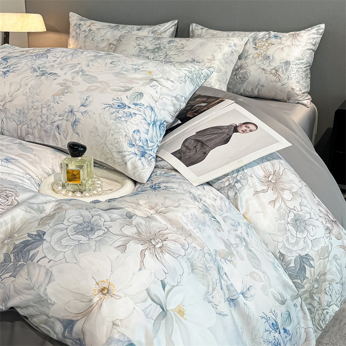 91家纺网 家纺一手货源 找家纺 笙意家纺2025新款水洗冰丝数码印花暗盒款四件套 花韵