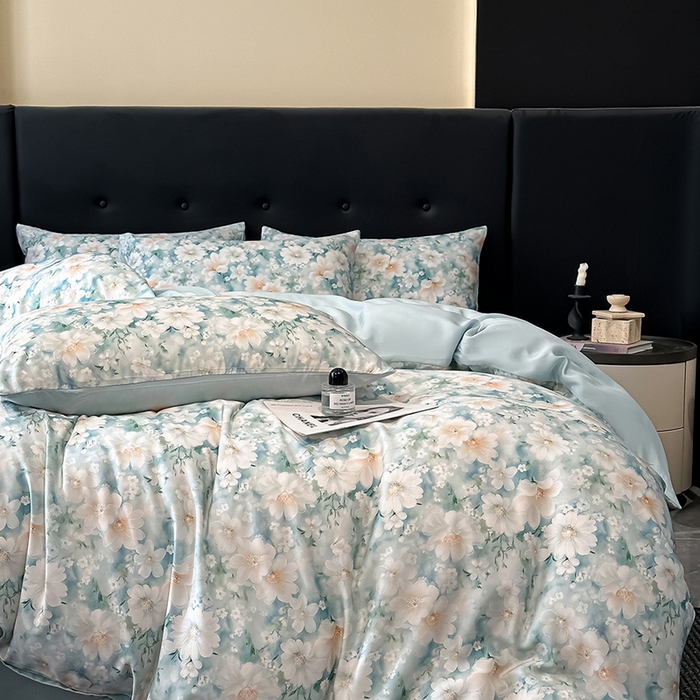 91家纺网 家纺一手货源 找家纺 慕晨 2025春夏新品莱赛尔天丝数码印花四件套莱赛尔夏被四件套天丝夏凉被直播热款 芳馨-兰