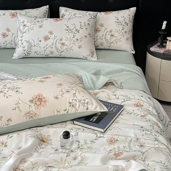 91家纺网 家纺一手货源 找家纺 慕晨 2025春夏新品莱赛尔天丝数码印花四件套莱赛尔夏被四件套天丝夏凉被直播热款 秘境