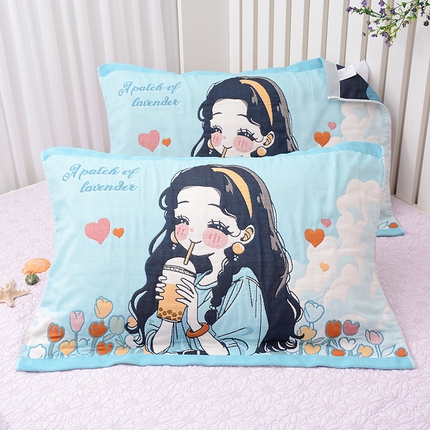 2025新款全棉八层纱枕巾情侣枕巾 奶茶女孩