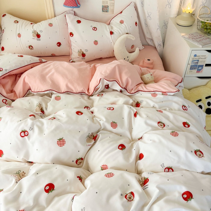 91家纺网 家纺一手货源 找家纺 潮邦创意家居 2025新款云柔棉立体嵌绳款小清新四件套 萌莓趣意