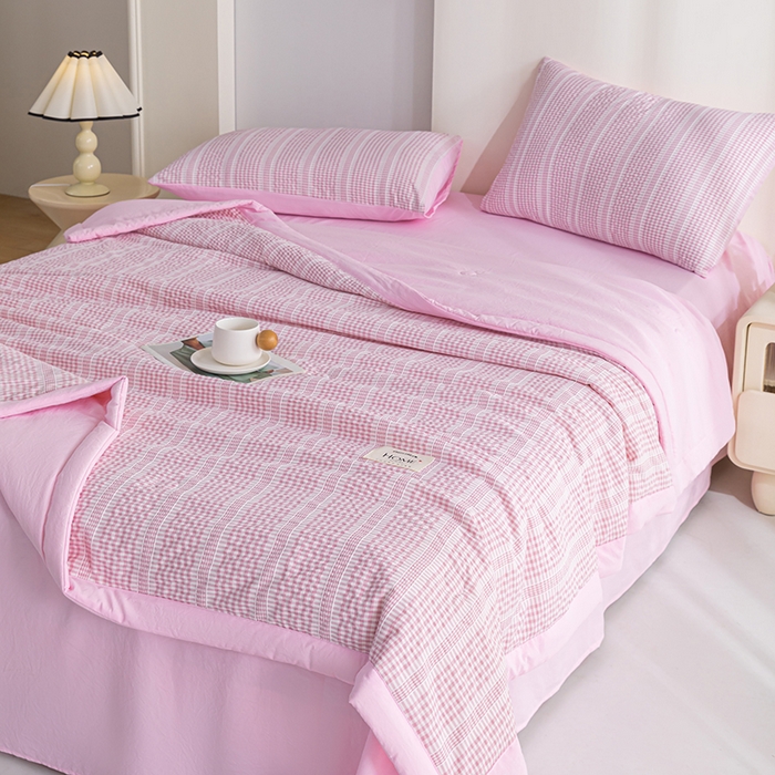 91家纺网 家纺一手货源 找家纺 吾诺 2025 韩式立体提花公主格大豆夏被子被芯夏凉被夏被四件套 公主格-粉