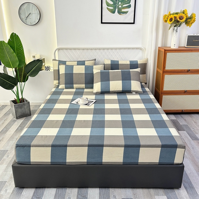 91家纺网 家纺一手货源 找家纺 伊而梦蚊帐 2025新款原棉老粗布床笠 蓝灰格