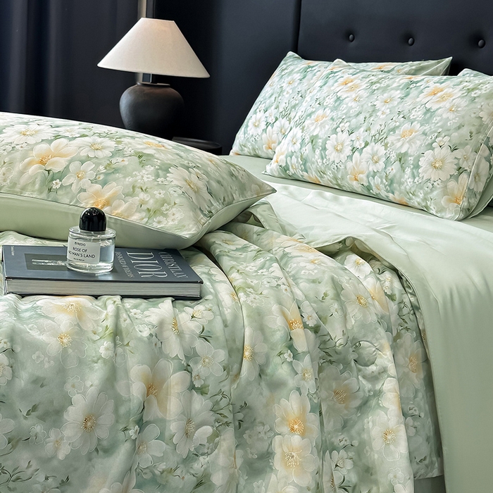 91家纺网 家纺一手货源 找家纺 慕晨 2025春夏新品莱赛尔天丝数码印花四件套莱赛尔夏被四件套天丝夏凉被直播热款 芳馨-绿