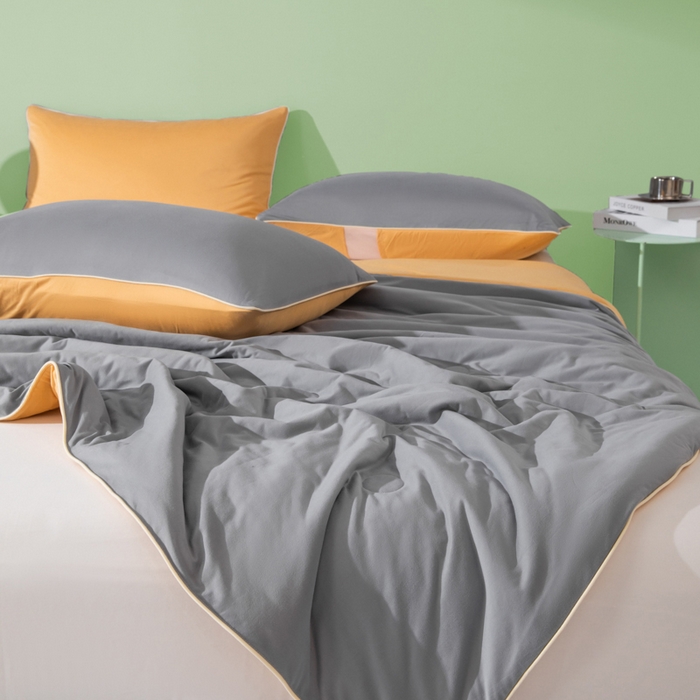 91家纺网 家纺一手货源 找家纺 吾诺 2025 针织棉夏被双拼色大豆夏被子被芯夏凉被空调被 岩灰-杏黄