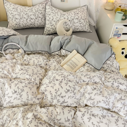 潮邦创意家居 2025新款云柔棉立体嵌绳款小清新四件套 墨韵蔓花